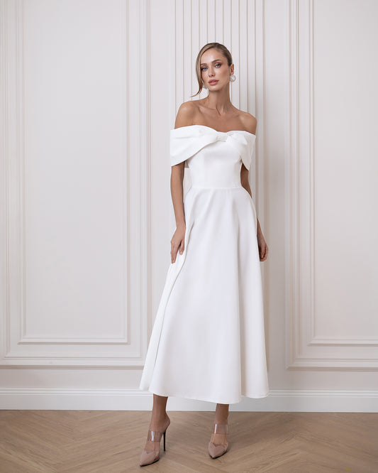 BE SURE Abito midi elegante scollo bardot con fiocco strutturato Bianco | Creato per te in 10-14 giorni