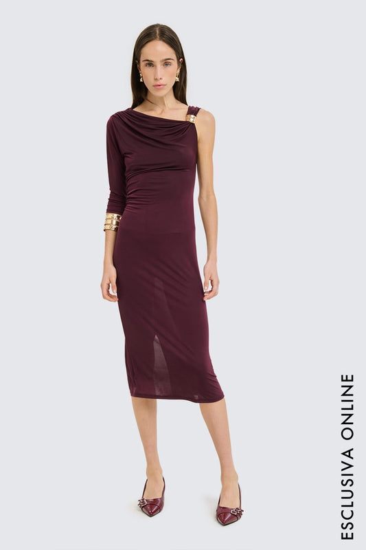 TWO WAY Abito Borgogna Monospalla con Dettaglio Oro e Culotte Interna