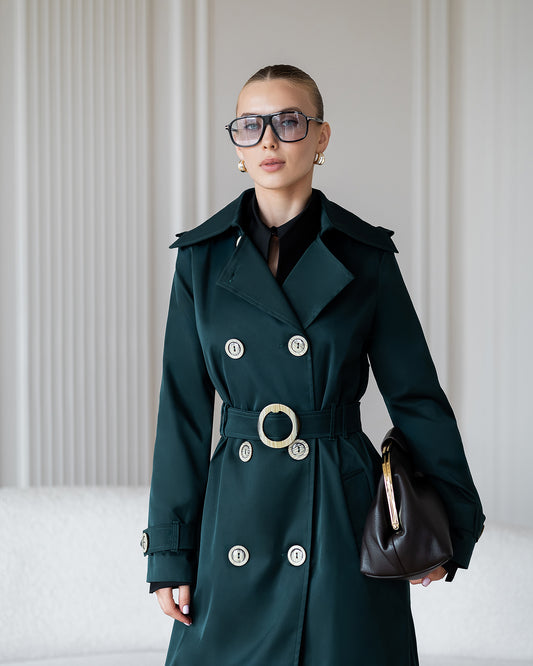 BE SURE – Trench Lungo Doppiopetto con Cintura – Verde
