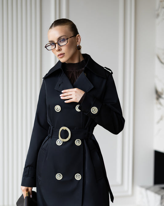 BE SURE – Trench Lungo Doppiopetto con Cintura – Nero