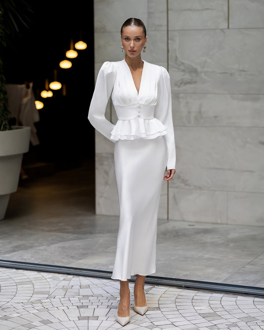 BE SURE – Completo Elegante in Raso con Blusa Peplum e Gonna – Bianco