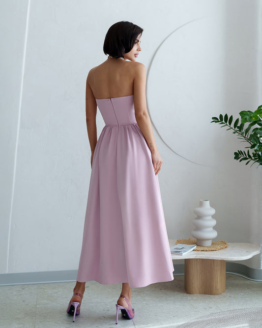 Abito Midi Rosa Cipria con Corpino Strutturato