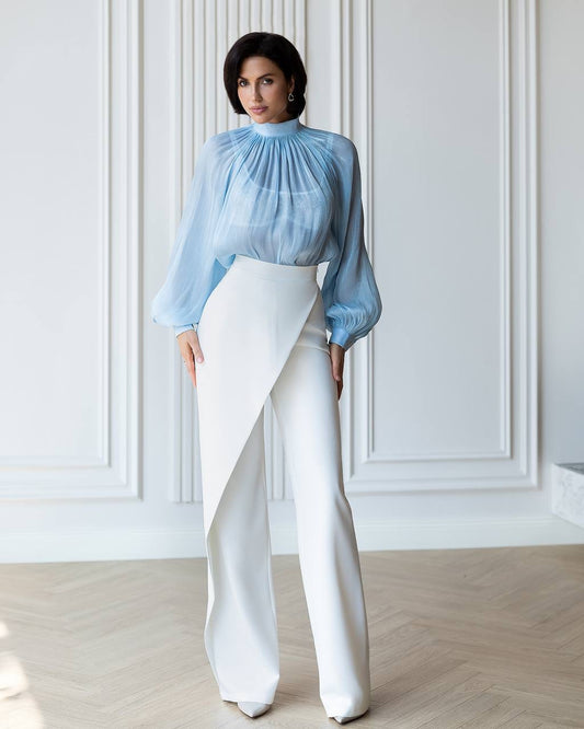 BE SURE – Blusa Elegante in Chiffon Organza – Celeste