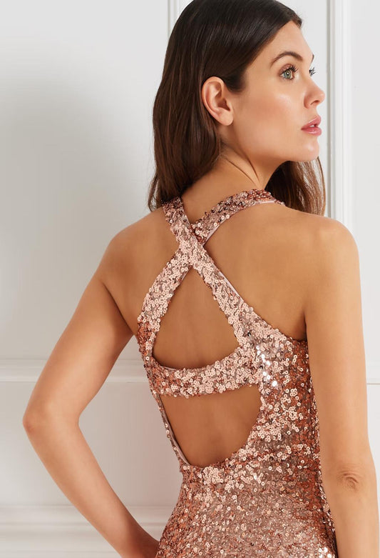 RINASCIMENTO – Abito lungo paillettes oro rosa con intreccio