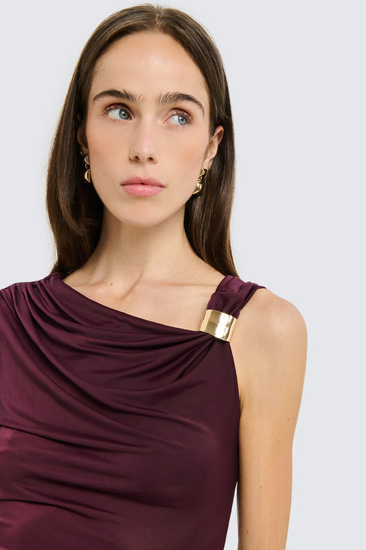 TWO WAY Abito Borgogna Monospalla con Dettaglio Oro e Culotte Interna