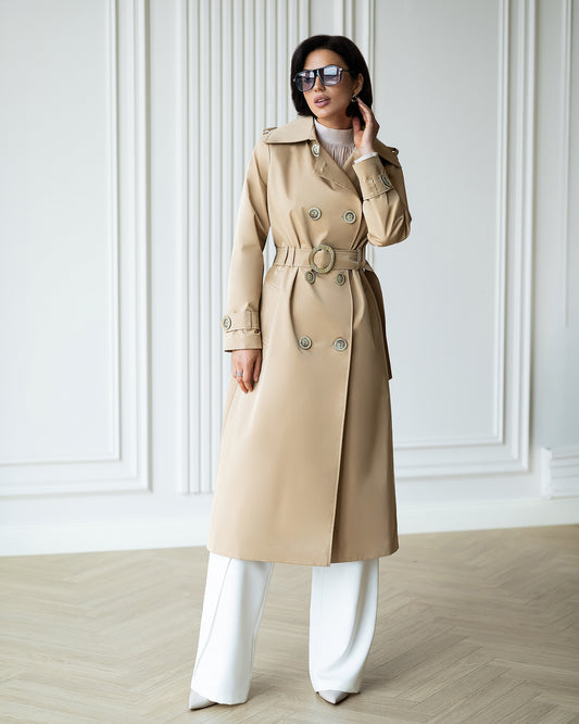 BE SURE – Trench Lungo Doppiopetto con Cintura – Beige