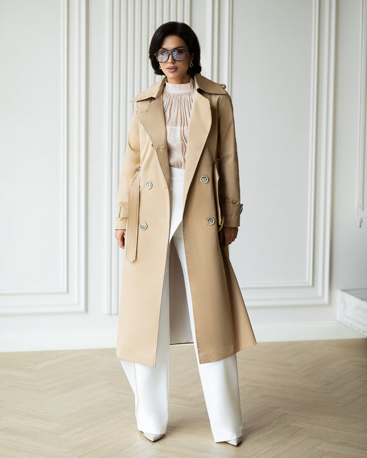 BE SURE – Trench Lungo Doppiopetto con Cintura – Beige