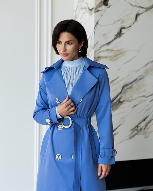 BE SURE – Trench Lungo Doppiopetto con Cintura – Blu