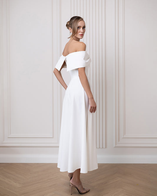 BE SURE Abito midi elegante scollo bardot con fiocco strutturato Bianco | Creato per te in 10-14 giorni
