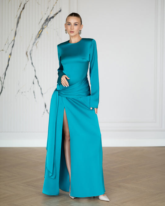 BE SURE – Abito Lungo in Raso con Drappeggio – Acqua