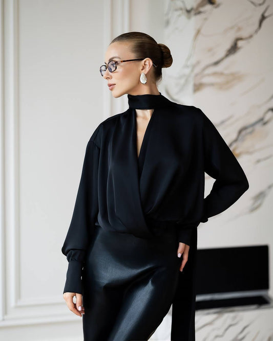 BE SURE – Blusa Elegante in Raso con Sciarpa – Nero