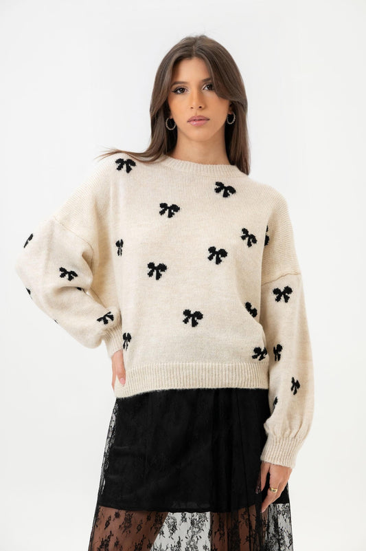 JOLEEN Maglione Beige con Dettagli a Fiocco