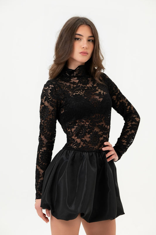 JOLEEN Abito Nero in Pizzo e Gonna Balloon