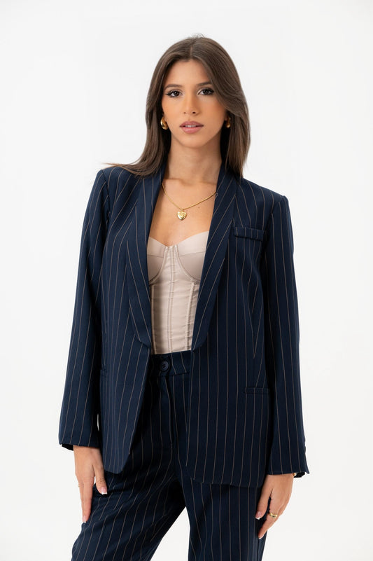 YOU DECIDE Giacca Gessata Indaco con Chiusura a Doppio Petto