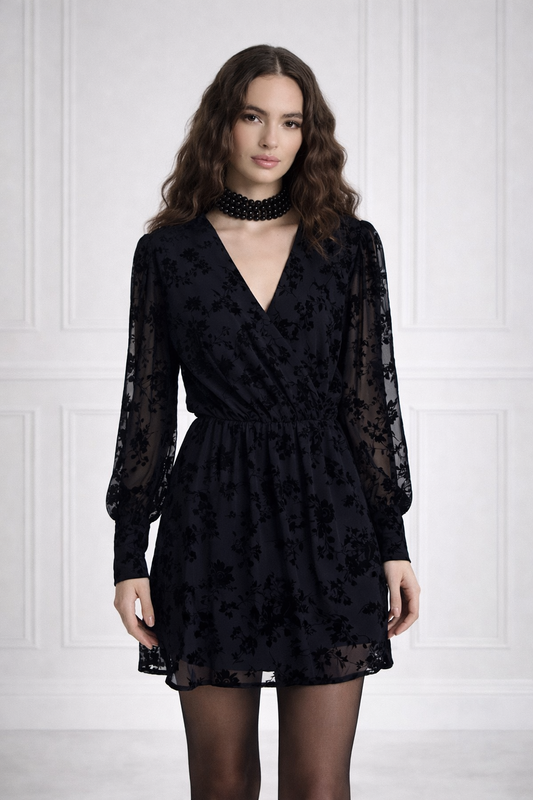 TWO WAY Abito corto devoré nero con scollo incrociato e maniche trasparenti