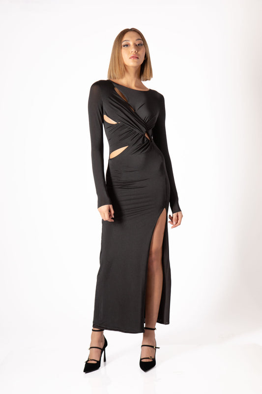 Long black dress with slit and front openings