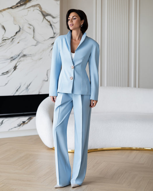 BE SURE – Tailleur Elegante con Giacca Sagomata e Pantalone – Celeste