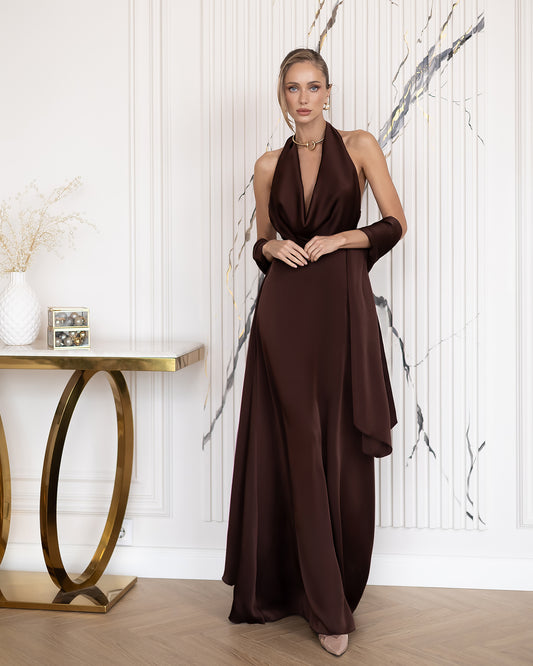 BE SURE Abito Lungo Elegante in Doppio Raso Satinato con Scollo All’Americana e Schiena Scoperta – Cioccolato