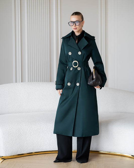BE SURE – Trench Lungo Doppiopetto con Cintura – Verde