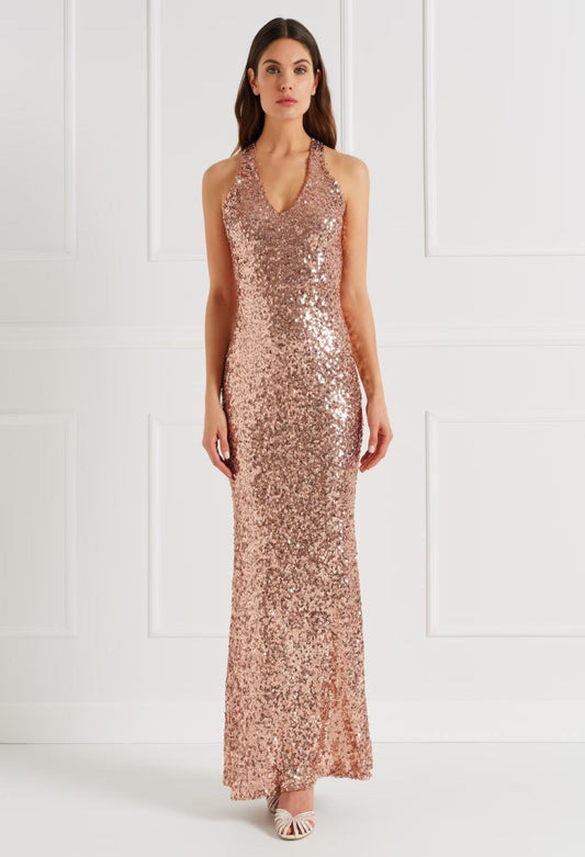 RINASCIMENTO – Abito lungo paillettes oro rosa con intreccio