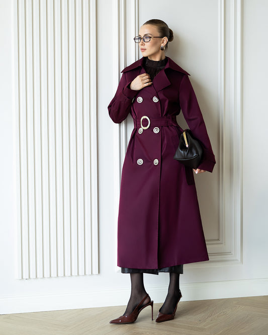 BE SURE – Trench Lungo Doppiopetto con Cintura – Marsala