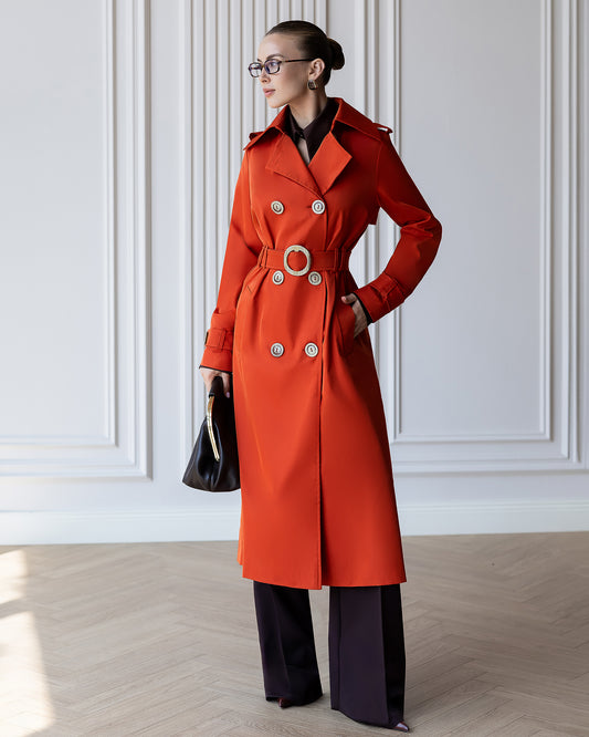 BE SURE – Trench Lungo Doppiopetto con Cintura – Arancione