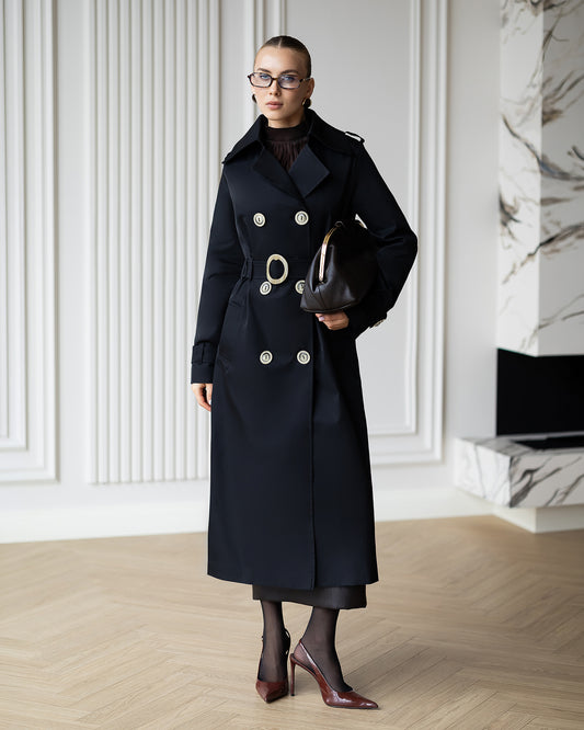 BE SURE – Trench Lungo Doppiopetto con Cintura – Nero