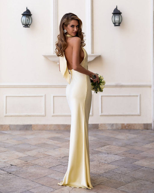 BE SURE Abito Lungo Elegante In Raso Con Schiena Scoperta E Chiusura Al Collo Limone