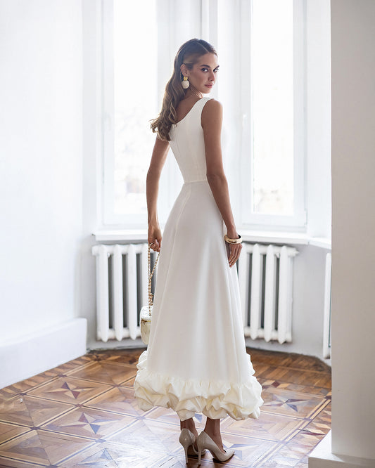 BE SURE Abito midi elegante con spalline e dettaglio ruches sul fondo color Bianco Latte | Creato per te in 10–14 giorni