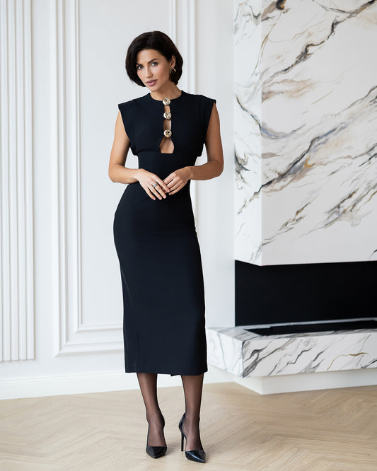 BE SURE – Abito Midi con Dettaglio Gioiello – Nero