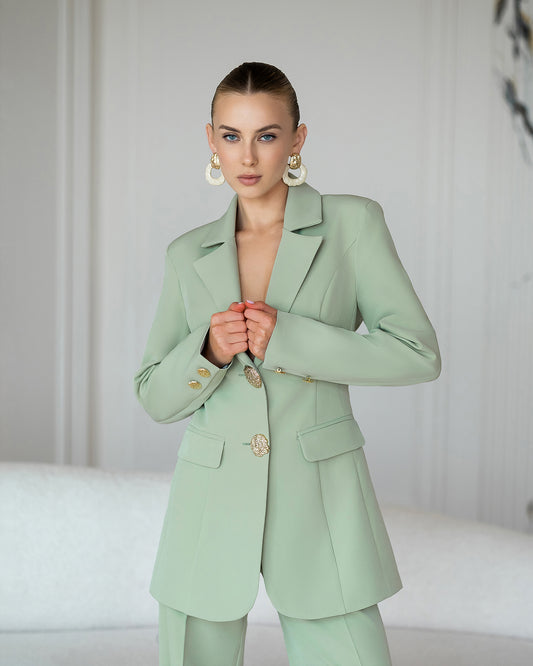 BE SURE – Tailleur Elegante con Bottoni Gioiello – Oliva