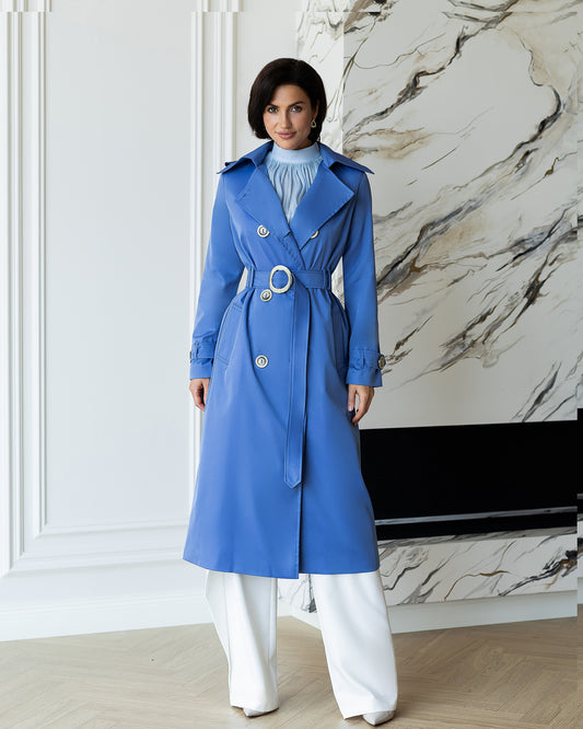 BE SURE – Trench Lungo Doppiopetto con Cintura – Blu