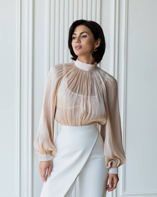 BE SURE – Blusa Elegante in Chiffon Organza – Beige